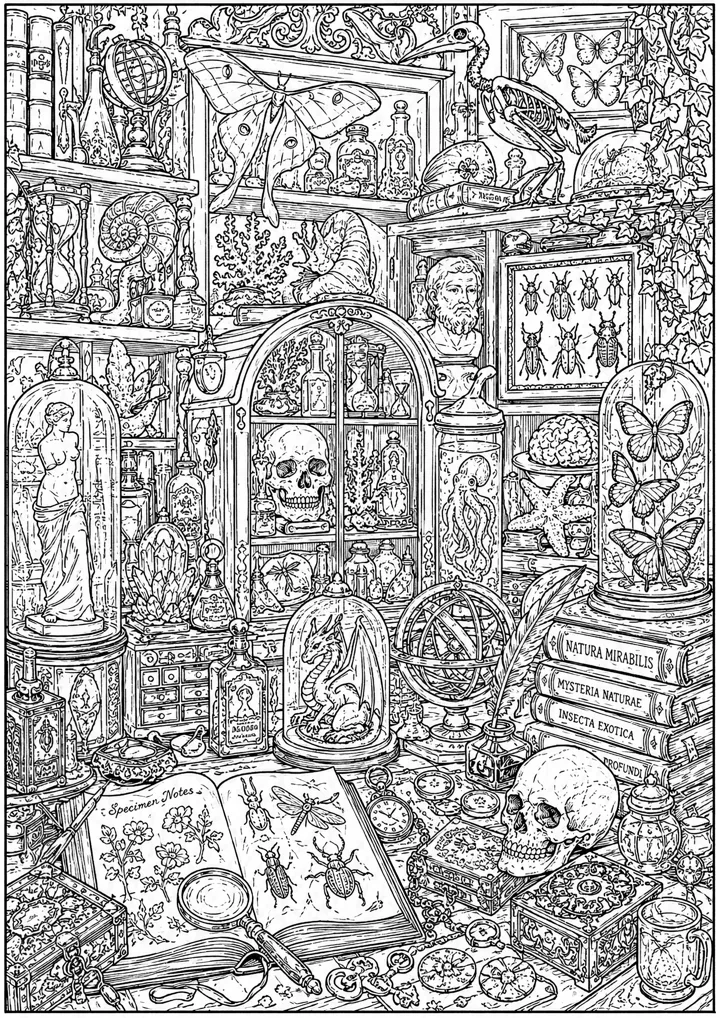 Aperçu du coloriage Cabinet de curiosités naturaliste