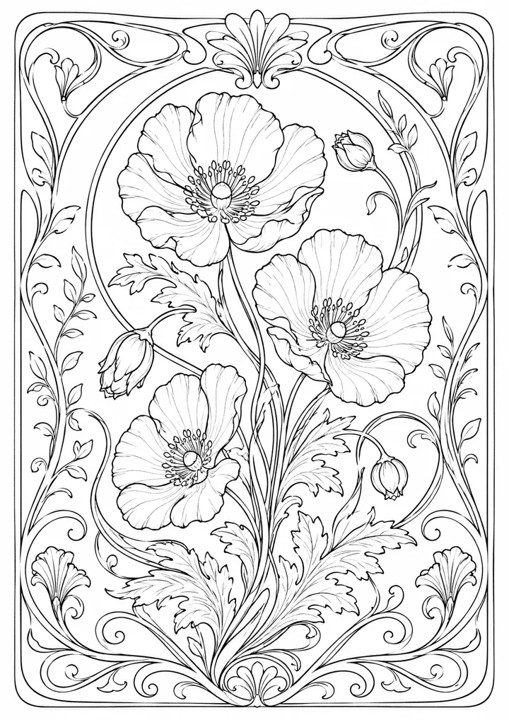 Aperçu du coloriage Coquelicots Art nouveau