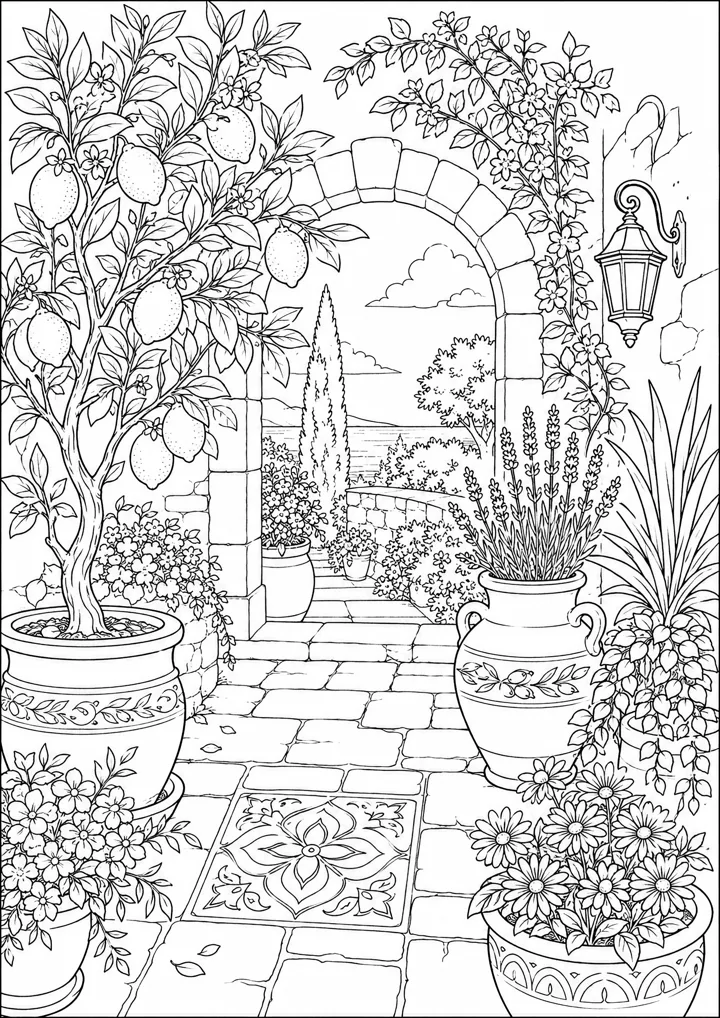 Aperçu du coloriage Jardin méditerranéen