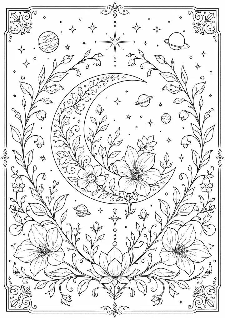 Aperçu du coloriage Lune fleurie cosmique