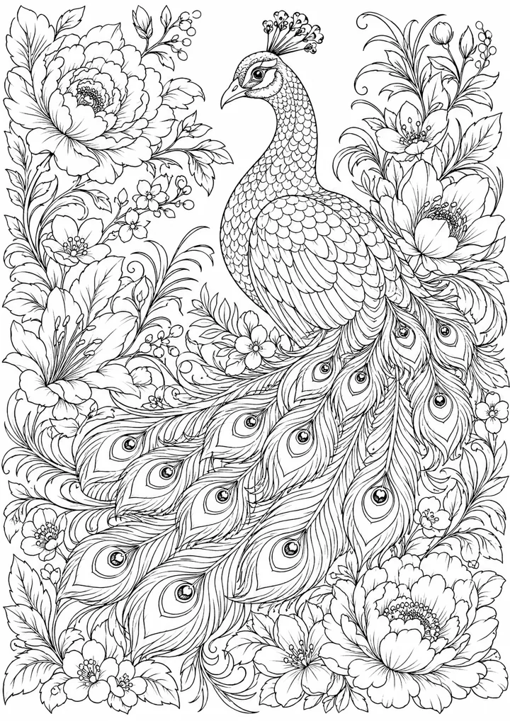 Aperçu du coloriage Paon au jardin fleuri