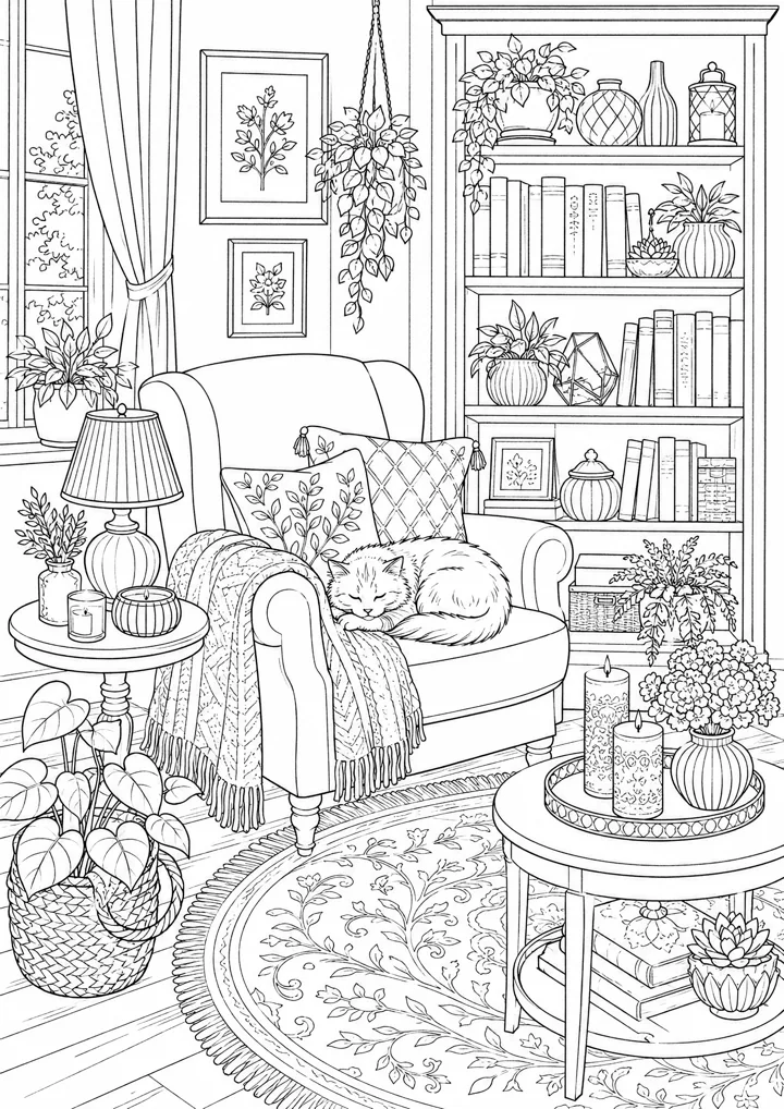 Aperçu du coloriage Salon cosy avec un chat