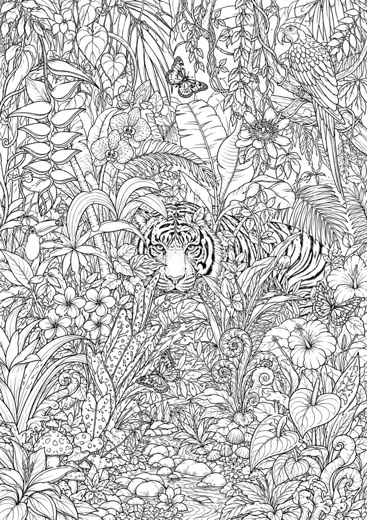 Aperçu du coloriage Le tigre caché dans la jungle
