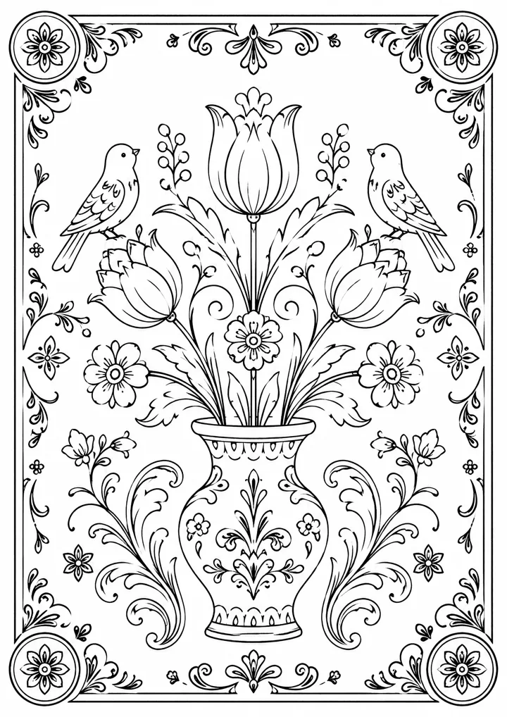 Aperçu du coloriage Vase fleuri et oiseaux