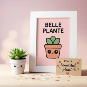Affiche Belle Plante encadrée avec illustration de plante souriante, présentée comme idée cadeau déco