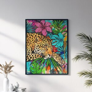 Affiche Jaguar Tropical style pop art coloré format A3 avec cadre noir, impression sur papier premium, décoration murale exotique et moderne