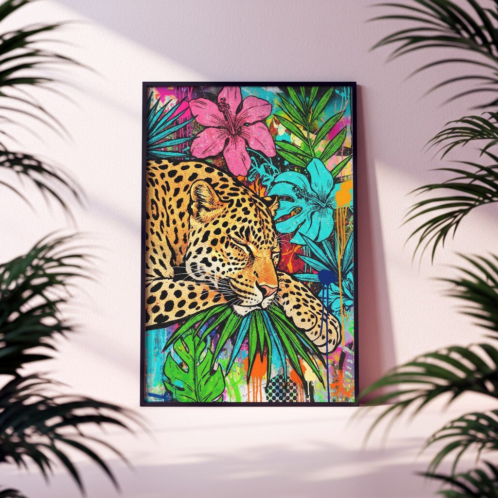 Affiche Jaguar Tropical style pop art coloré format A4 avec cadre noir, décoration murale moderne et exotique