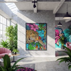Affiche Jaguar Tropical style pop art coloré encadrée, décoration murale moderne dans un salon lumineux
