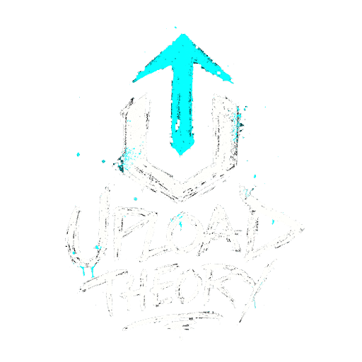 Logo Upload Theory avec flèche turquoise et lettrage blanc effet peinture, marque d’affiches et créations graphiques.