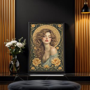 Affiche décorative représentant une femme au style art nouveau entourée de fleurs dorées, exposée dans un intérieur noir et or moderne.