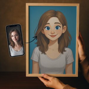 Affiche d’une jeune femme illustrée en style animation, cheveux bruns et t-shirt clair, encadrée en bois clair et tenue devant un fond brun, avec la photo originale affichée sur un smartphone.