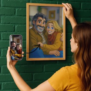 Affiche illustrant un couple en style animation, encadrée en bois clair et accrochée sur un mur vert, avec la photo originale affichée sur un smartphone tenu par une personne.