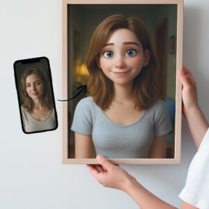 Exemple de portrait personnalisé : une femme photographiée sur smartphone transformée en illustration 3D réaliste, encadrée en bois et tenue à deux mains.