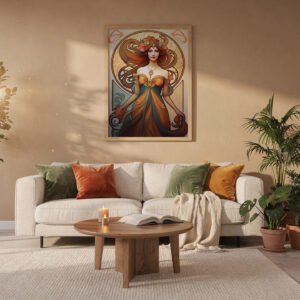 Affiche art nouveau encadrée au-dessus d’un canapé beige dans un salon naturel, avec coussins colorés, plantes, lumière douce et table basse en bois.