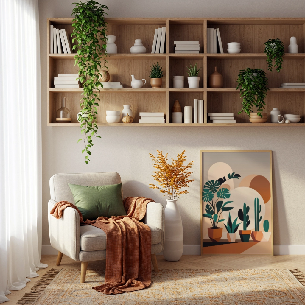 Affiche plantes graphiques et cactus dans un cadre bois posée près d’un fauteuil beige avec plaid rouille, grand vase blanc et étagère murale en bois remplie de livres et de plantes.