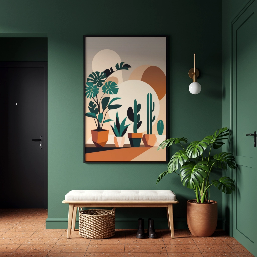 Grand poster plantes graphiques encadré de noir accroché dans une entrée aux murs vert foncé, avec banc en bois, panier, paire de bottes et grande monstera en pot.