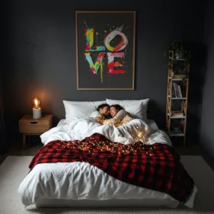 Couple enlacé dans un lit blanc avec guirlande lumineuse, dans une chambre sombre, sous un grand poster LOVE coloré au style street art accroché au mur.