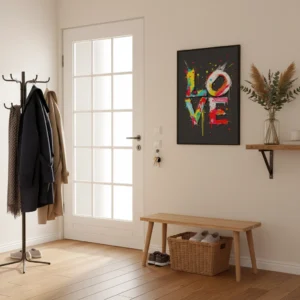 Entrée avec porte blanche vitrée, banc en bois et panier d’osier, porte-manteau et affiche LOVE colorée encadrée de noir accrochée au mur crème.