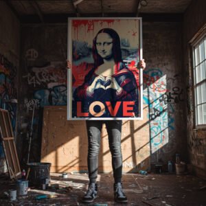 Personne tenant une affiche Mona Lisa street art avec graffiti rouges et mot LOVE, dans une pièce urbaine taguée