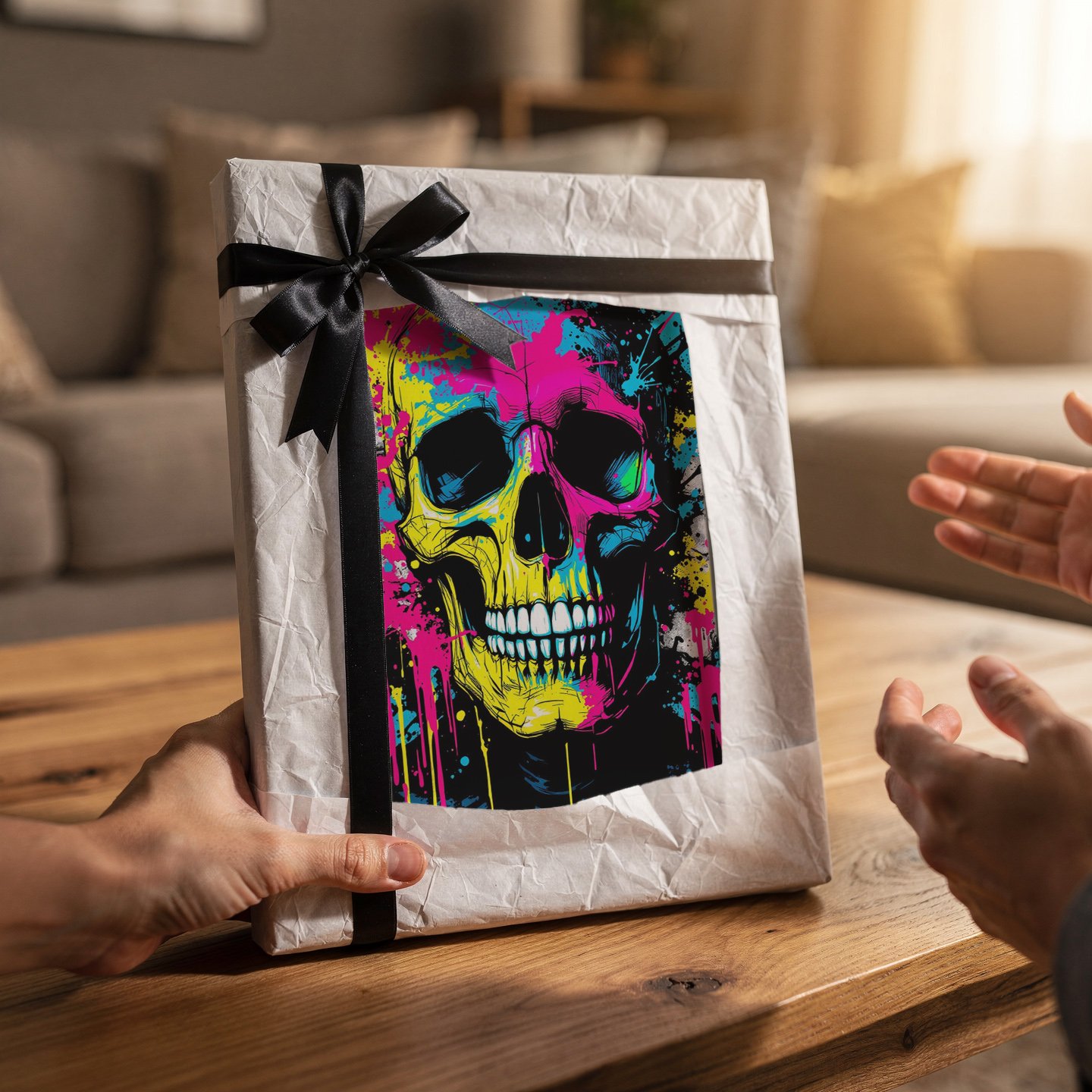 Affiche street art Skull Néon emballée dans du papier blanc avec ruban noir, tenue sur une table en bois dans un salon chaleureux.