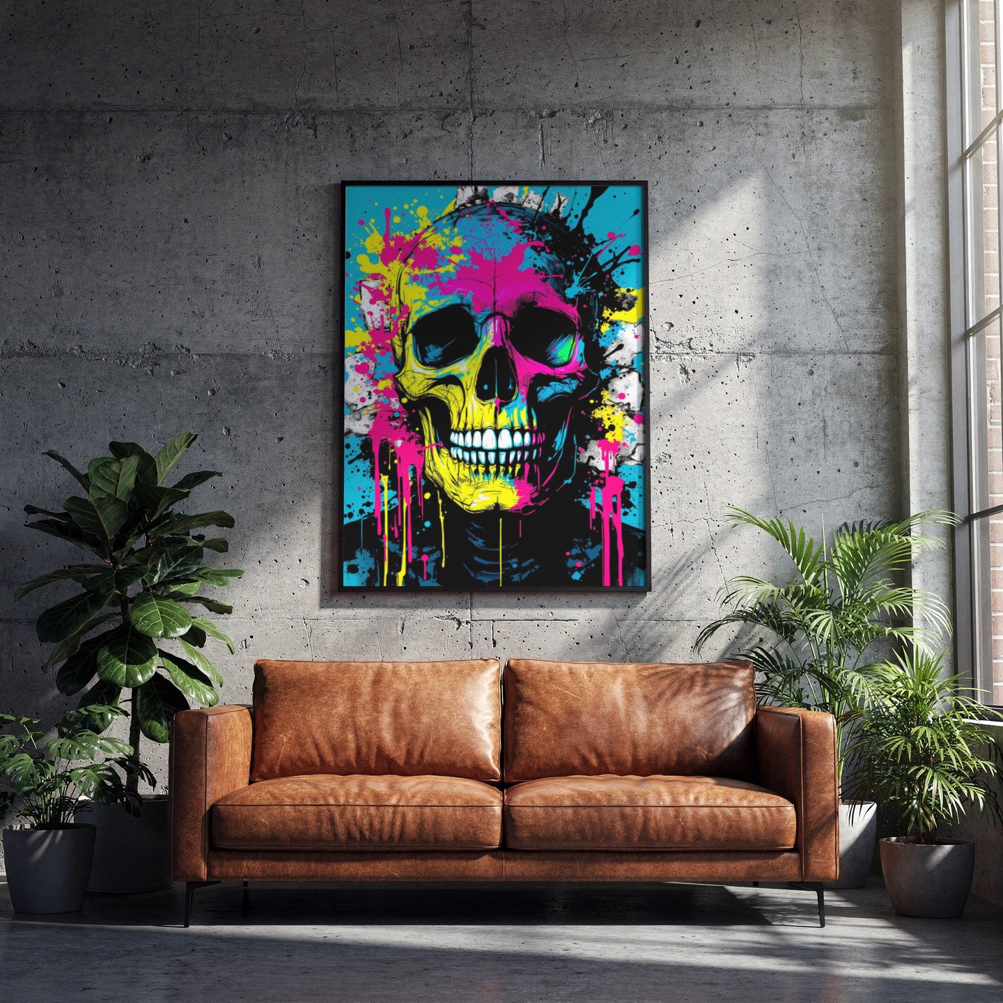 Affiche street art colorée représentant un crâne néon, accrochée au-dessus d’un canapé en cuir dans un salon industriel avec mur en béton et plantes vertes.