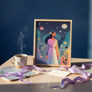 Affiche encadrée d’une femme sous la lune posée sur une table en bois, entourée d’une tasse de thé fumante, rubans lavande, carte “for you” et confettis en forme d’étoiles, devant un mur bleu.
