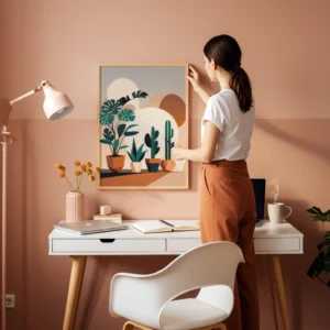 Femme accrochant un cadre avec affiche plantes graphiques au-dessus d’un bureau blanc, dans une pièce aux murs rose poudré avec lampe rose, mug fumant, carnet et ordinateur portable.