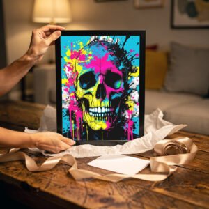 Personne tenant une affiche street art colorée représentant un crâne néon, posée sur une table en bois avec emballage cadeau et ruban beige.
