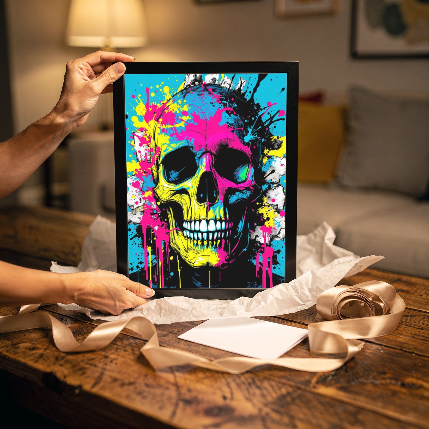 Personne tenant une affiche street art colorée représentant un crâne néon, posée sur une table en bois avec emballage cadeau et ruban beige.