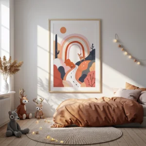Grande affiche avec arc-en-ciel et faon accrochée au-dessus d’un lit d’enfant terracotta dans une chambre lumineuse avec peluches, guirlande lumineuse et tapis rond en corde.