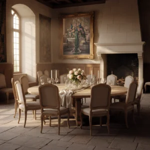 Salle à manger de style château avec table ronde dressée, chaises tapissées, grande cheminée et affiche de paons dans un cadre doré monumental au-dessus.