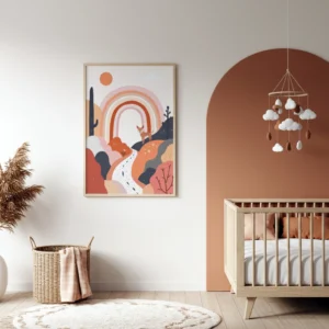 Affiche avec arc-en-ciel et faon accrochée dans une chambre de bébé blanche et terracotta, avec lit à barreaux bois clair, mobile nuages, panier en osier et tapis rond.