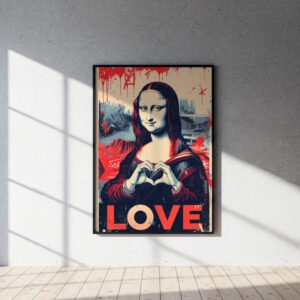 Affiche murale Mona Lisa style street art avec graffiti rouges, mains en cœur et texte LOVE