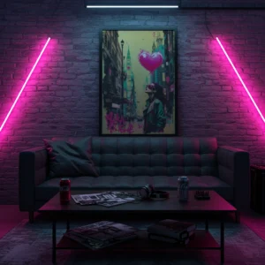 Affiche street art avec cœur rose, accrochée dans un salon moderne avec éclairage néon
