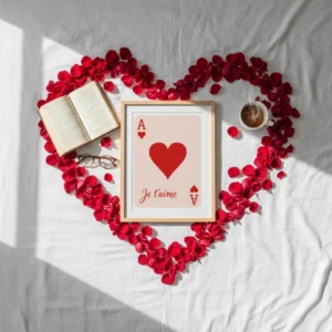 Vue du dessus d’un lit blanc avec cadre as de cœur “Je t’aime” au centre, entouré d’un grand cœur formé de pétales rouges, d’un livre ouvert, de lunettes et d’une tasse de café.