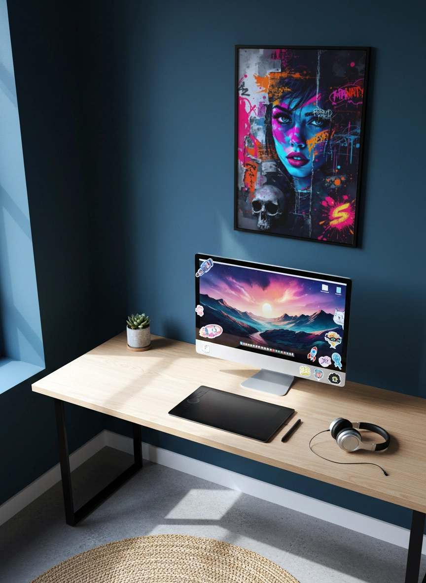 affiche street art portrait femme coloré dans bureau moderne