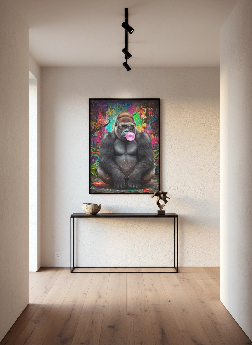Affiche gorille street art, gorille à lunettes faisant une bulle rose, sur fond graffiti multicolore dans une entrée.