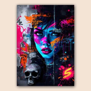 Affiche portrait street art avec visage féminin néon, graffiti coloré, textures murales déchirées et crâne sur fond sombre.