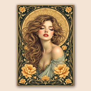 Affiche portrait Art nouveau avec femme aux yeux fermés, cheveux ondulés, fleurs dorées et cadre ornemental vert et or.