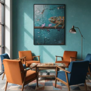 Salon vintage avec fauteuils orange et bleu autour d’une table basse, mur turquoise et affiche encadrée représentant un caméléon sur une branche avec fleurs roses.