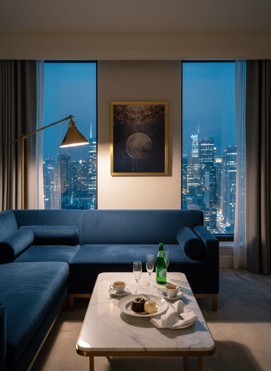 Salon avec canapé bleu et grandes fenêtres sur ville la nuit, tableau encadré doré représentant une lune dorée sur fond bleu au-dessus d’une table basse.