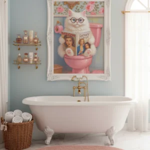 Affiche décorative représentant un chat blanc lisant un magazine dans une salle de bain élégante aux tons pastel.