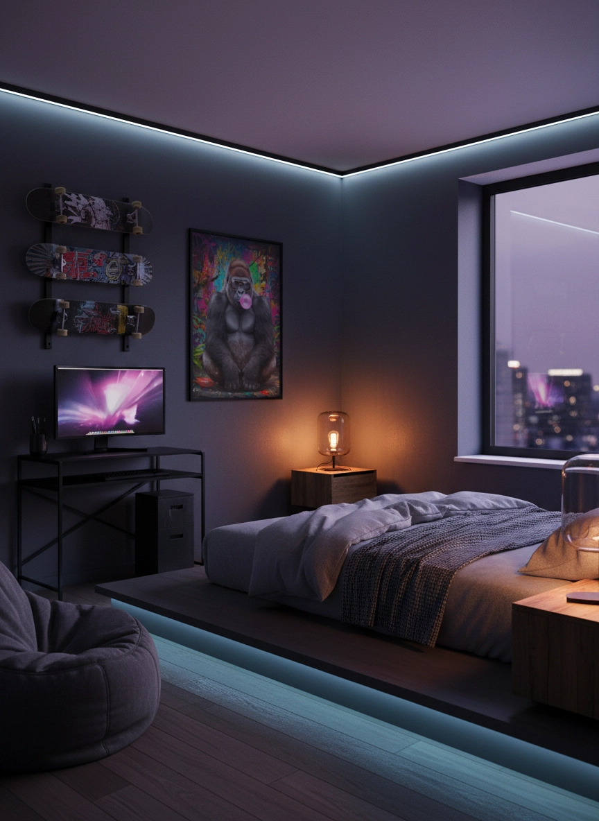 Affiche gorille street art dans une chambre, gorille à lunettes avec bulle rose, fond graffiti coloré au mur.