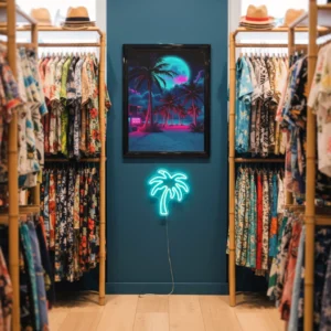 Affiche Miami Beach néon accrochée dans une boutique au style tropical