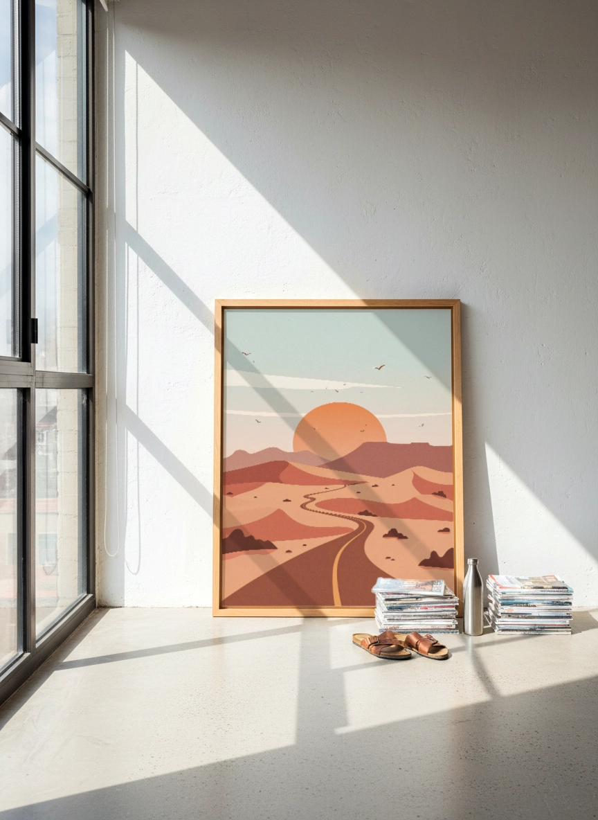 Affiche désert minimaliste avec route et soleil couchant dans un intérieur moderne et lumineux.