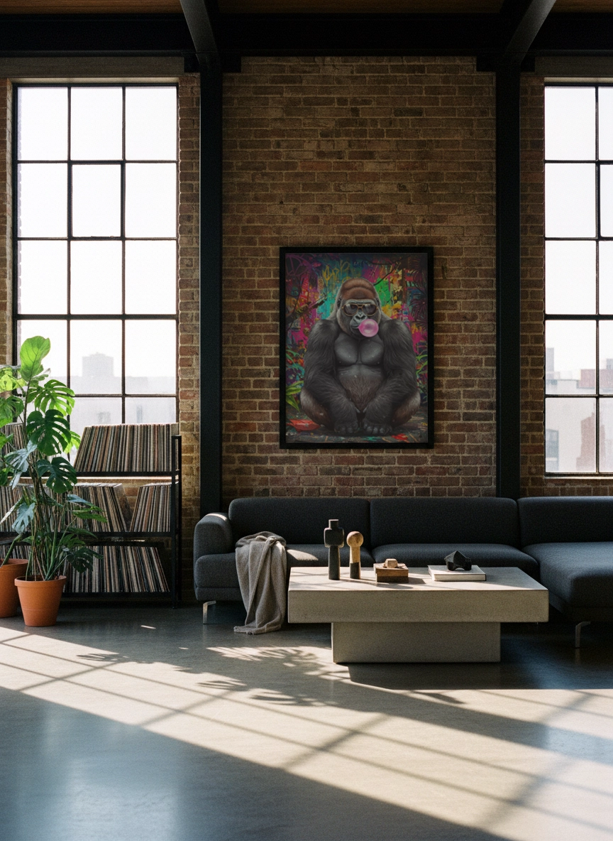 Affiche gorille street art sur mur brique, gorille à lunettes soufflant une bulle rose, fond graffiti multicolore.