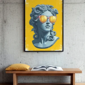 Affiche statue pop art sur mur en béton avec banc en bois