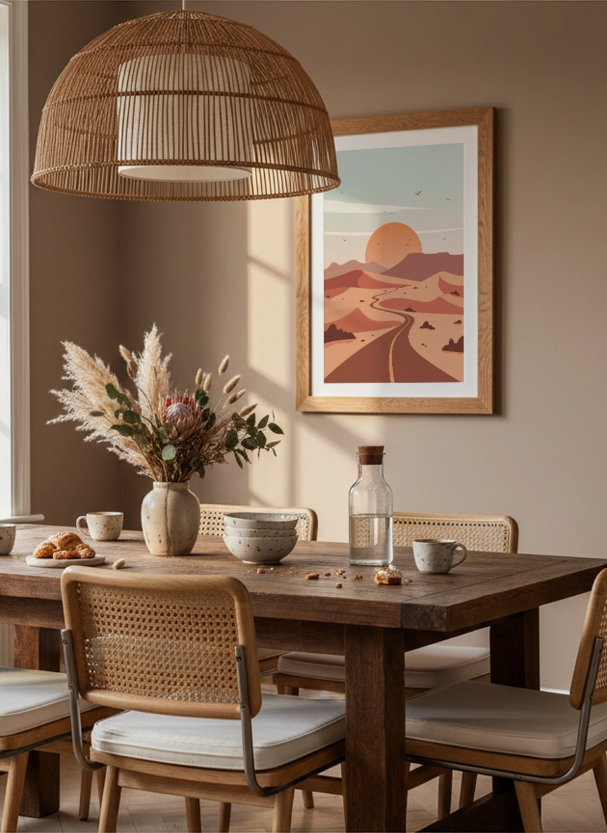 Affiche paysage désert minimaliste dans une salle à manger au style naturel et chaleureux.