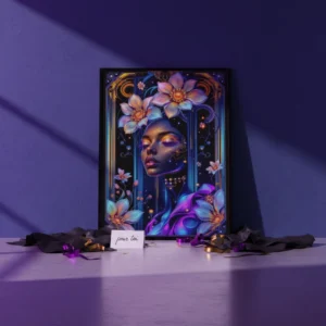 Affiche art moderne femme florale posée avec rubans et carte cadeau sur fond violet