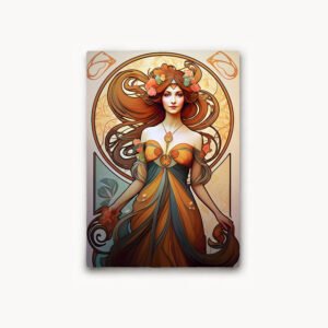 Affiche Art nouveau avec une femme aux longs cheveux roux, robe orange et fleurs dans les cheveux, entourée de motifs décoratifs.